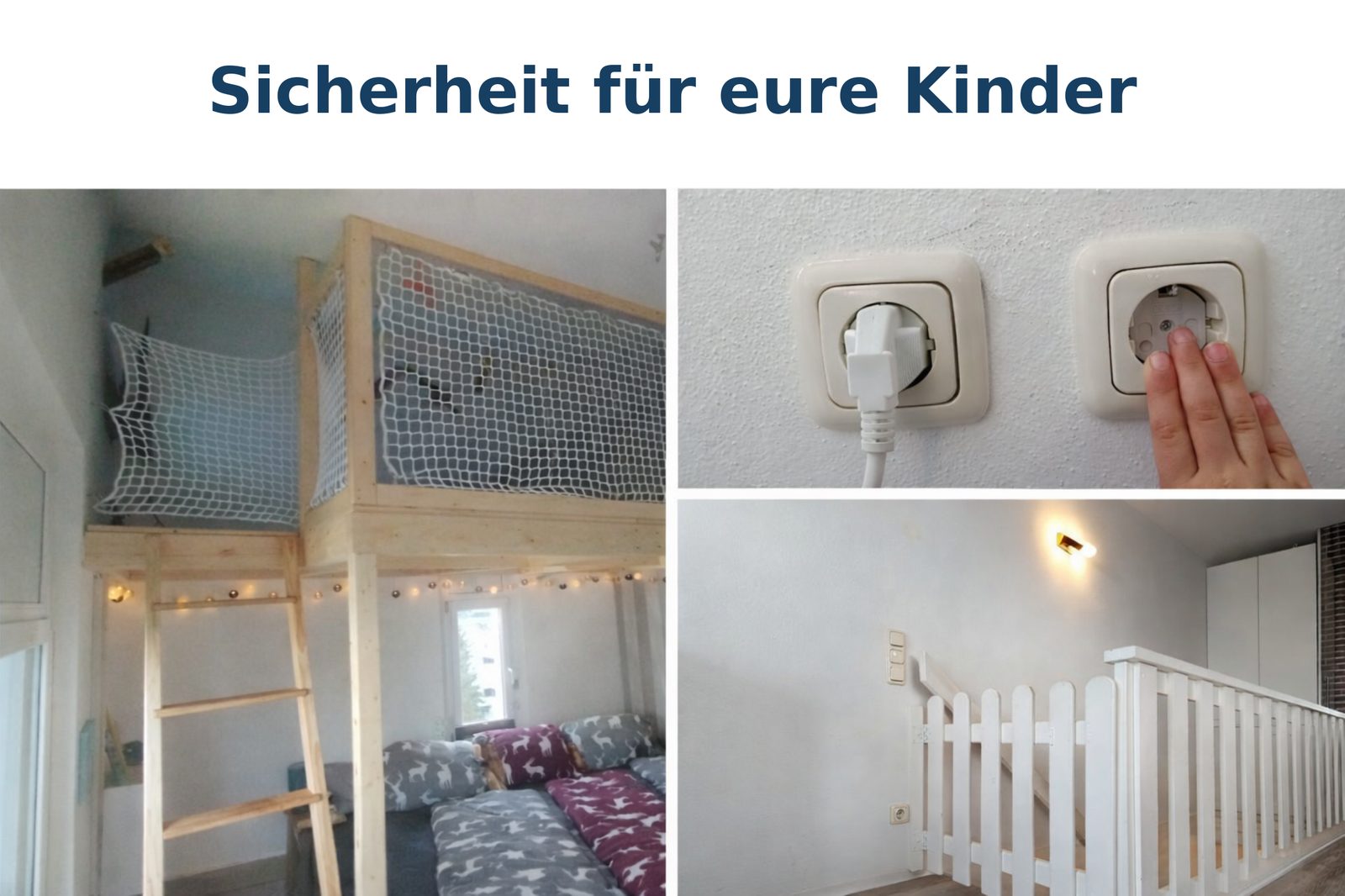 Collage mit Schutznetzen, Steckdosenschutz und Treppengitter